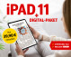 Frau sitzt auf einem Sofa und hält ein iPad 11, das die Zeitung 'Wolfsburger Nachrichten' zeigt. Angebot: Digital-Paket für 39,90 Euro monatlich.